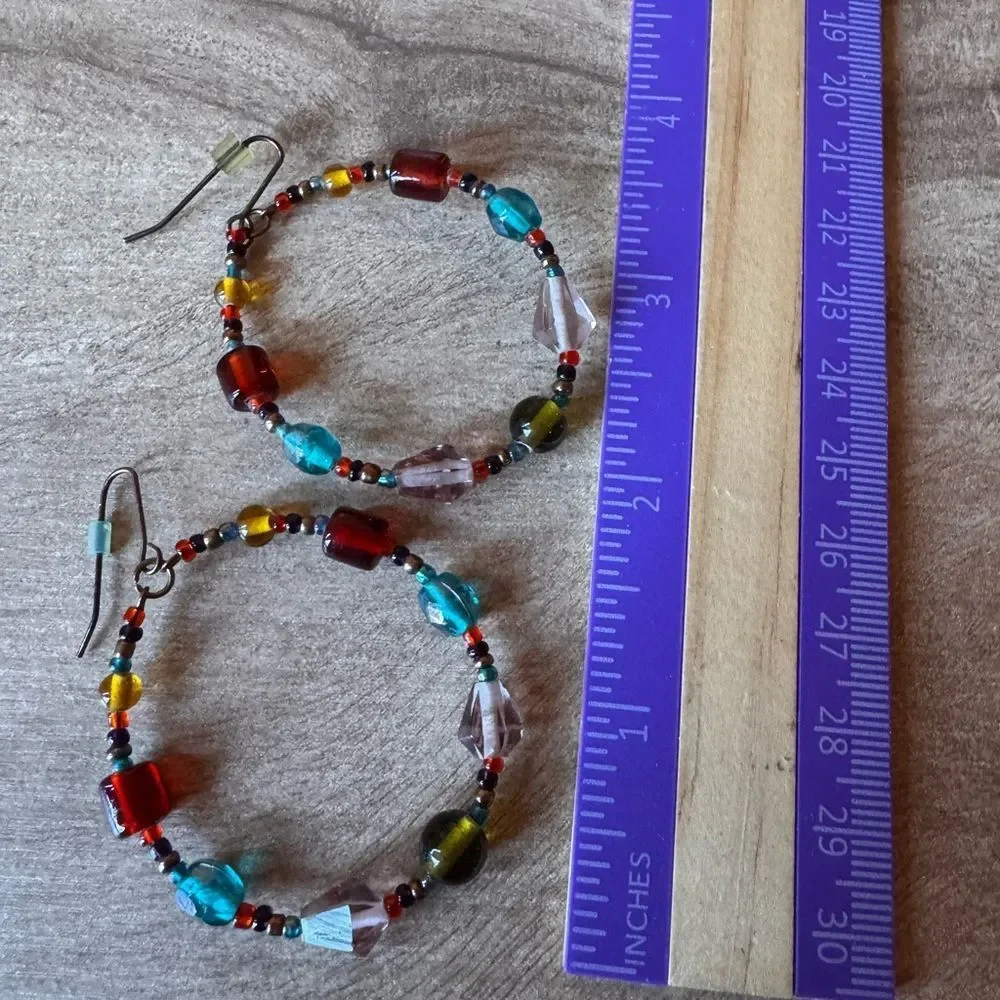 Handmade Glass Artisan Boho Dangle Hoop Earrings Hippie Bohemian Southwestern